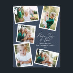 MultiFoto Modernes, elegantes Skript-blaues Party Feiertagspostkarte<br><div class="desc">Moderne minimale stilvolle Multi-Foto-Familie Wohngestaltung elegante Drehbuch-Text Ruhe,  Freude und Liebe Weihnachtskarte und Party Einladung. Moderne Trend marineblau Farbe kann geändert werden.</div>