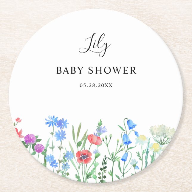 Multihued Wildflower Baby Shower Celebration Runder Pappuntersetzer (Vorderseite)