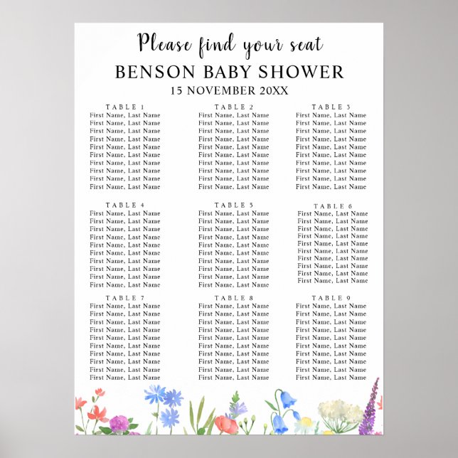 Multihued Wildflower Baby Shower Seating Charts Poster (Vorne)