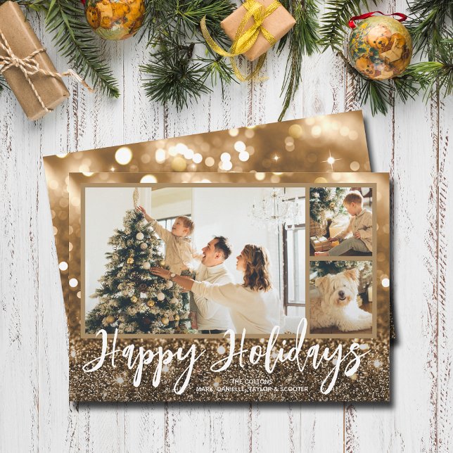 Multiple Foto Happy Holidays Sparkle Feiertagskarte (Happy Holidays bronze sparkle holiday photo cards)