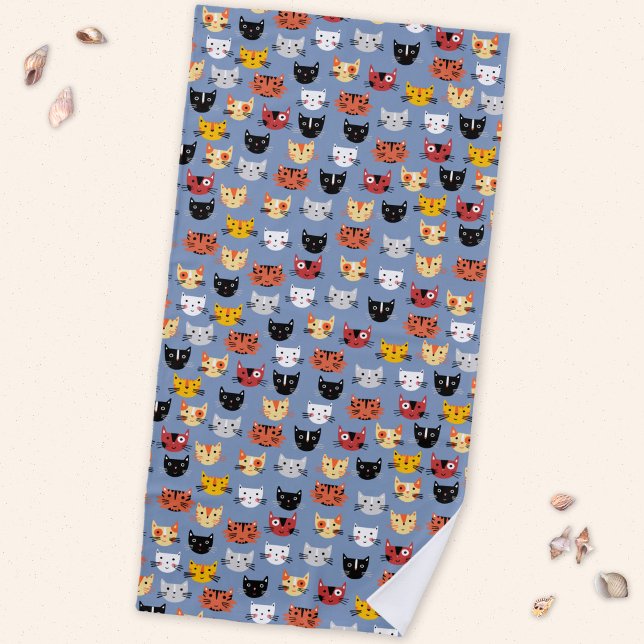 Multiple Fun Kitty Cats Muster blau Strandtuch (Cute cats beach towel for animal lovers)