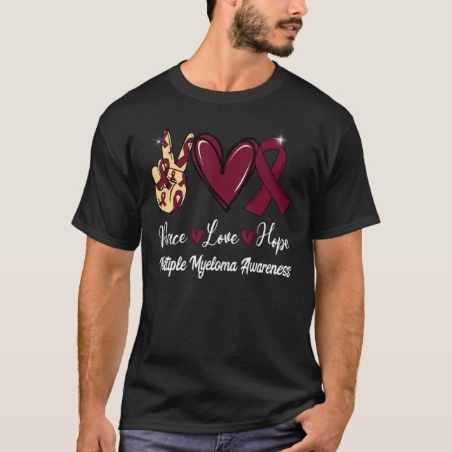 Multiple Myelom Awareness Peace Liebe Hope Burgund T-Shirt (Vorderseite)