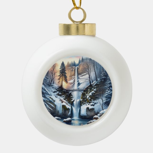 Multnomah Falls Snowy Christmas Tree Keramik Kugel-Ornament (Vorderseite)