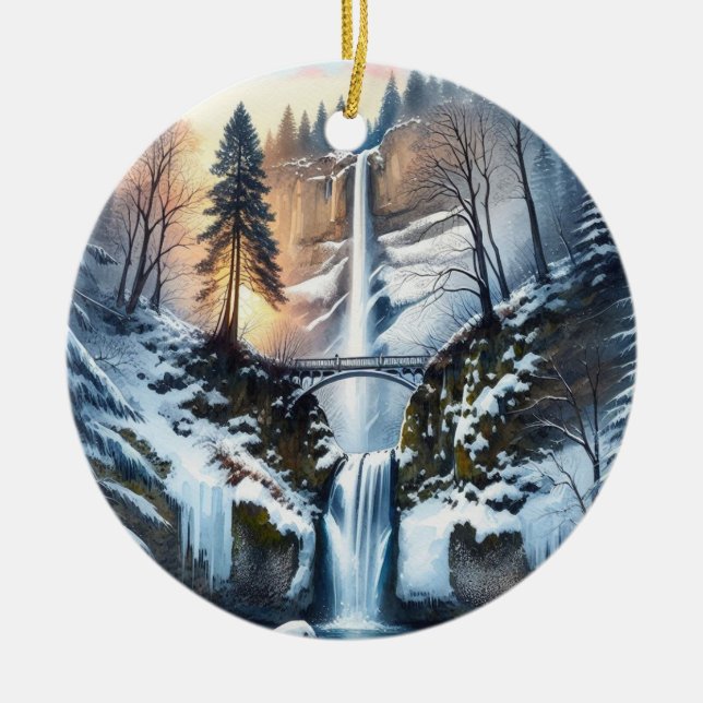 Multnomah Falls Snowy Christmas Tree Keramik Ornament (Vorne)