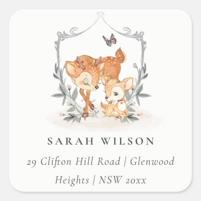 Mum Deer Fawn Floral Wappen Babydusche Anschrift Quadratischer Aufkleber (Vorderseite)