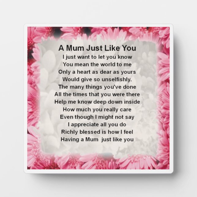 Mum Gedicht Plaque - Rosa Blumendesign Fotoplatte (Vorderseite)