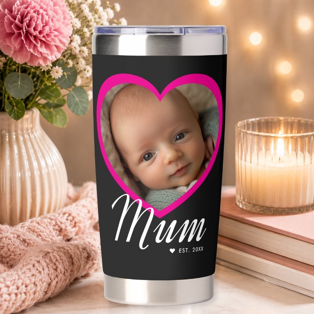 Mum hat Skript Pink Herz Foto Schwarz eingerichtet Thermobecher (Mum Established Script Pink Heart Photo Black Insulated Tumbler)