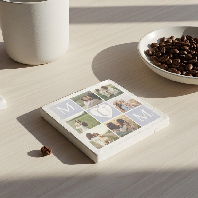 Mum Heart Foto Collage Gird Monogram Keepake Steinuntersetzer (Mum Heart Photo Collage Gird Monogram Keepsake Stone Coaster)