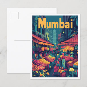 Mumbai India Art Vintage Travel Illustration Postkarte