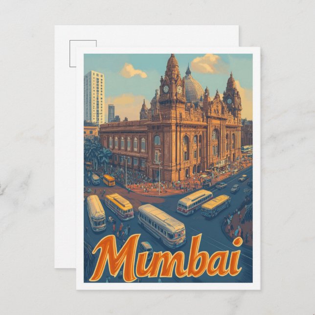 Mumbai India Art Vintage Travel Illustration Postkarte (Vorne/Hinten)