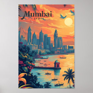 Mumbai India Vintag Art Travel Illustration Poster