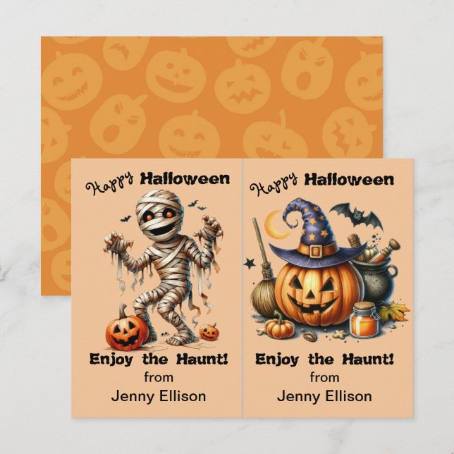 Mummy and Jack o' Lantern Party Halloween Card Postkarte (Vorne/Hinten)