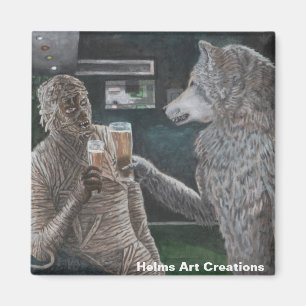 Mummy und Werewolf trinken Bier Button Magnet