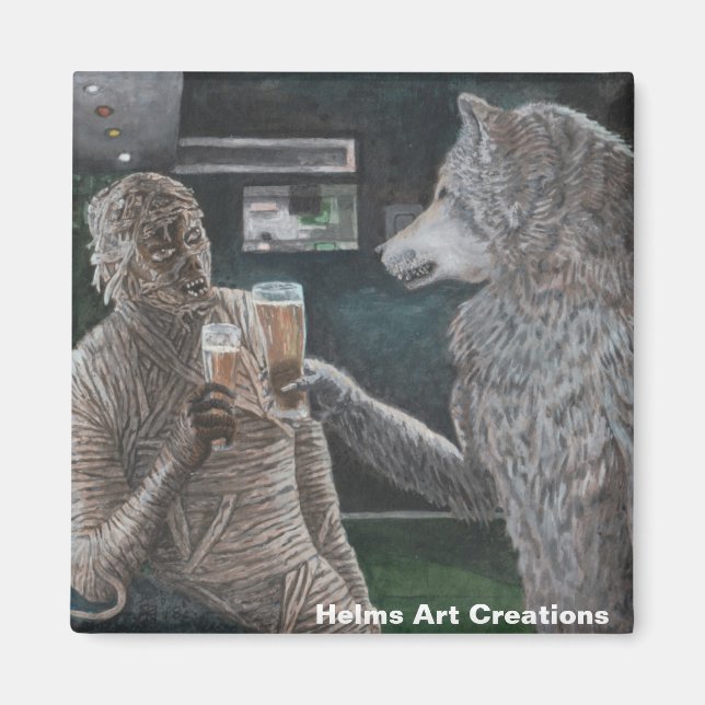 Mummy und Werewolf trinken Bier Button Magnet (Vorne)