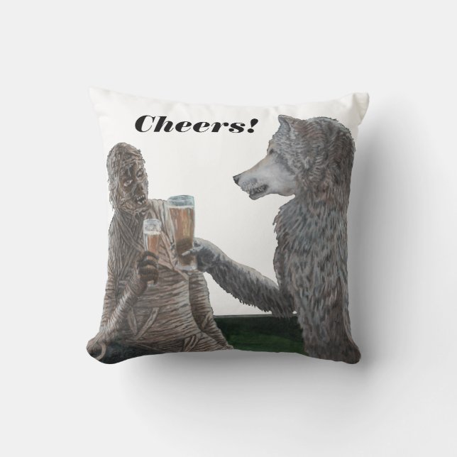 Mummy und Werewolf trinken Bier Cheers Pillow Kissen (Vorderseite)