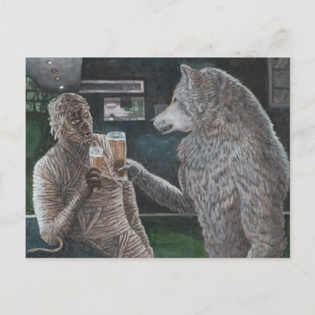 Mummy und Werewolf trinken Bierfantasiekarte Postkarte (Vorderseite)