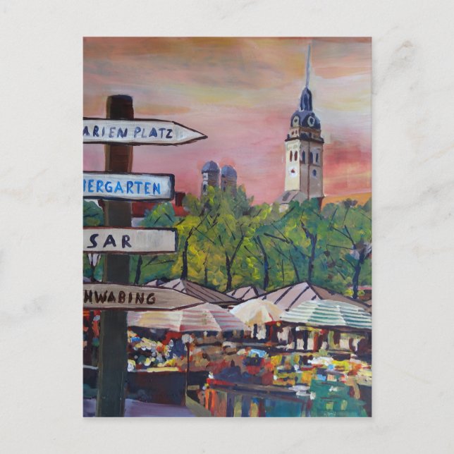München Bayerischer Viktualienmarkt mit Wegweisern Postkarte (Vorderseite)