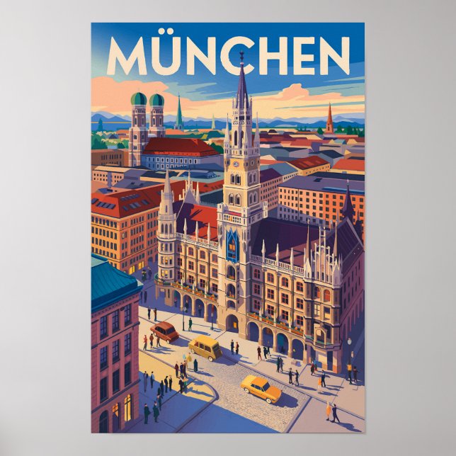 München Deutschland Illustration Reise Kunst Vinta Poster (Vorne)