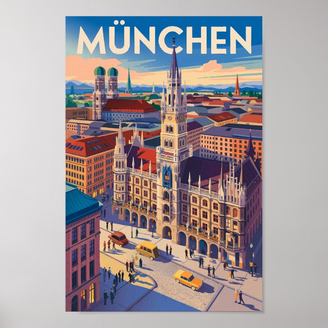München Deutschland Illustration Reise Kunst Vinta Poster (Vorne)