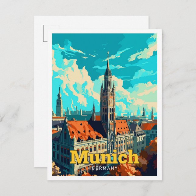 München Deutschland Reisen Kunst Vintage Illustrat Postkarte (Vorne/Hinten)