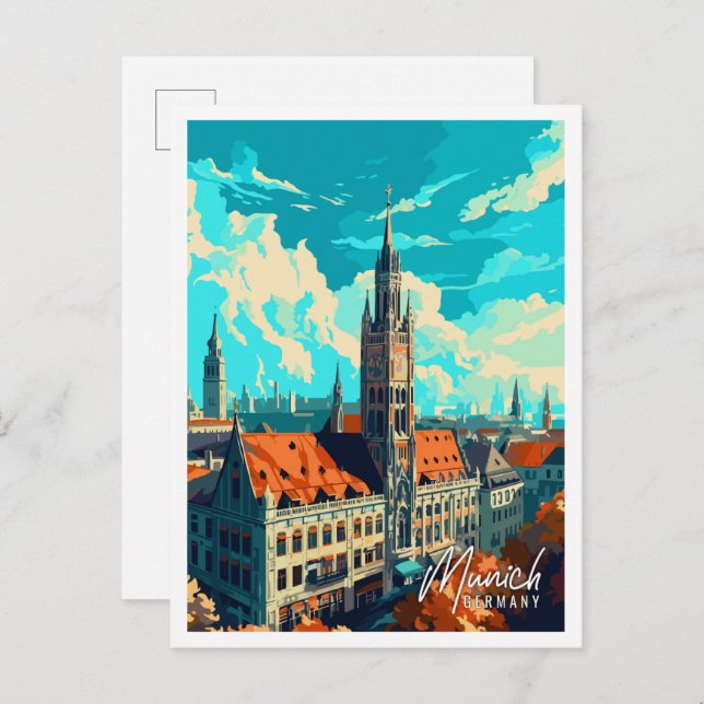 München Deutschland Vintage-Illustration Postkarte (Vorne/Hinten)