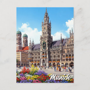 München Marienplatz Deutschland Blumen Postkarte