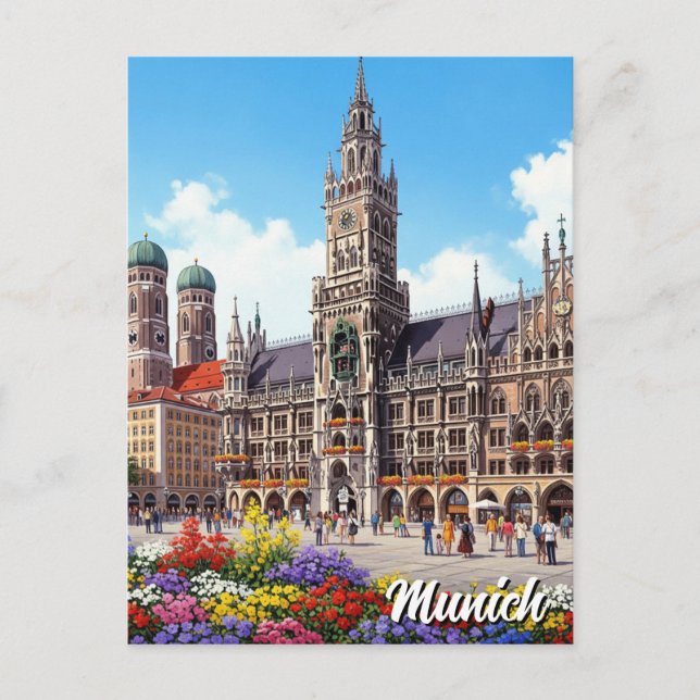 München Marienplatz Deutschland Blumen Postkarte (Vorderseite)
