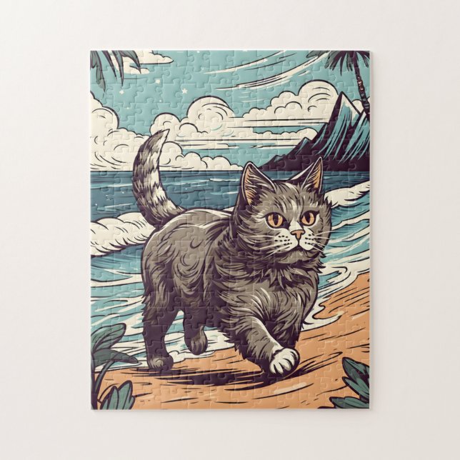 Munchkin-Cat an einem tropischen Strand bei Sonnen Puzzle (Vertikal)