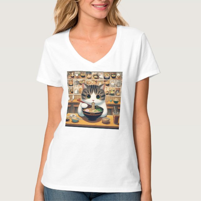 Munchkin Cat Eating Ramen T-Shirt (Vorderseite)