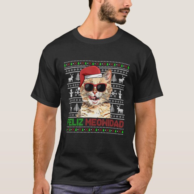Munchkin Cat Feliz Meowidad Funny Christmas T-Shirt (Vorderseite)