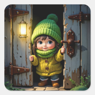 Munchkin mit Strickmütze und Pullover Quadratischer Aufkleber
