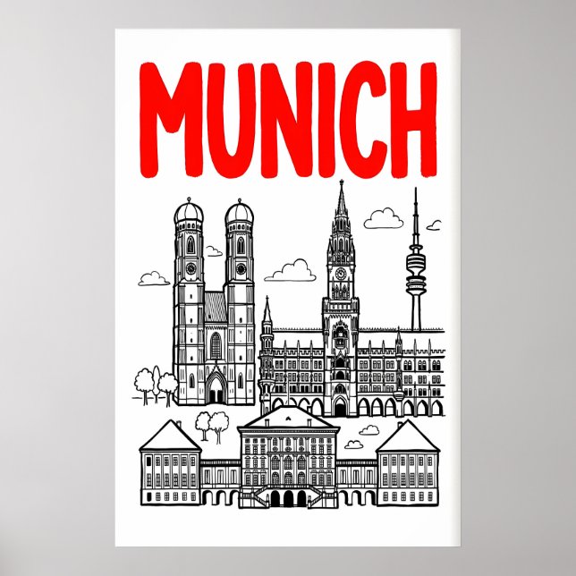 Münchner Skyline Poster, roter Titel, schwarze Umr Poster (Vorne)