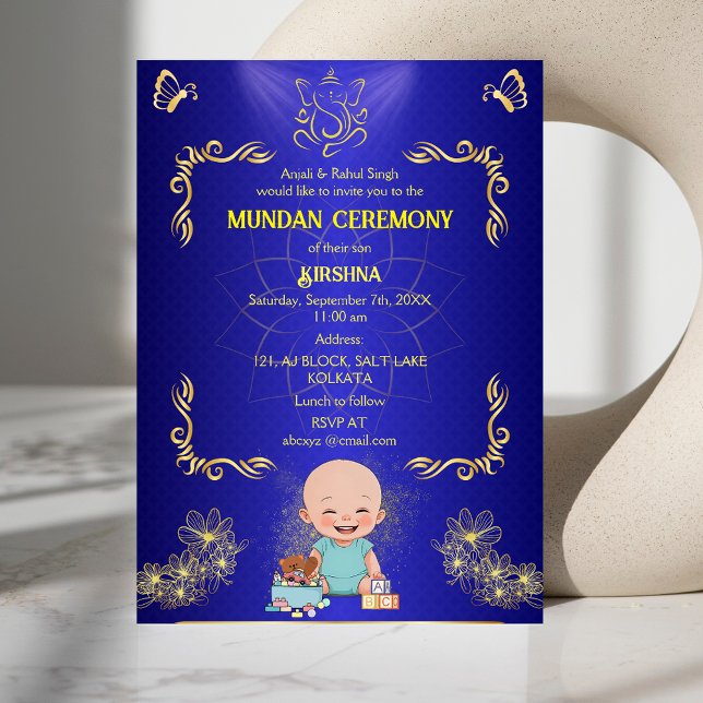 Mundan Zeremonie Ganesha Logo Blue Golden Butterfl Einladung (Von Creator hochgeladen)