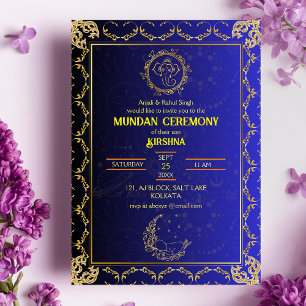 Mundan Zeremonie Ganesha Logo Royal Golden & Blue Einladung