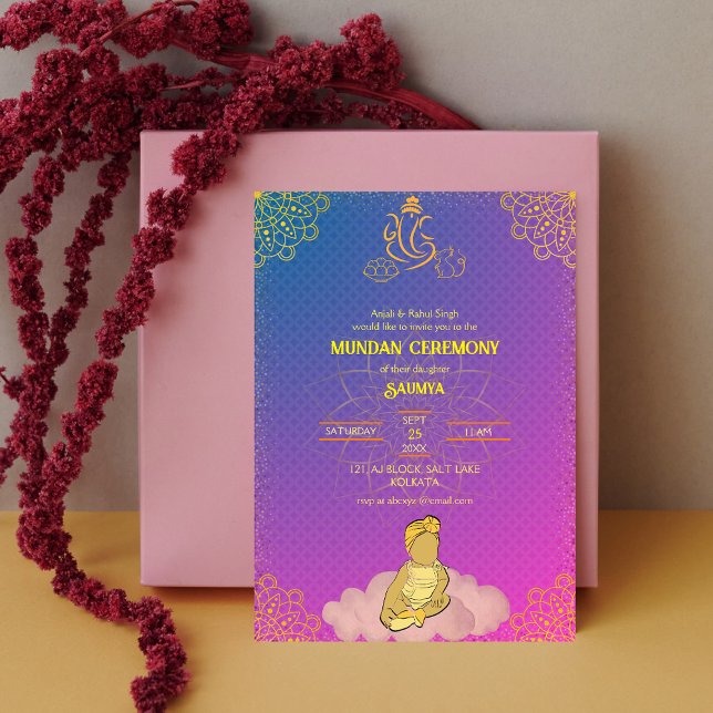 Mundan Zeremonie Ganesha Logo Royal Golden & Pink Einladung (Von Creator hochgeladen)