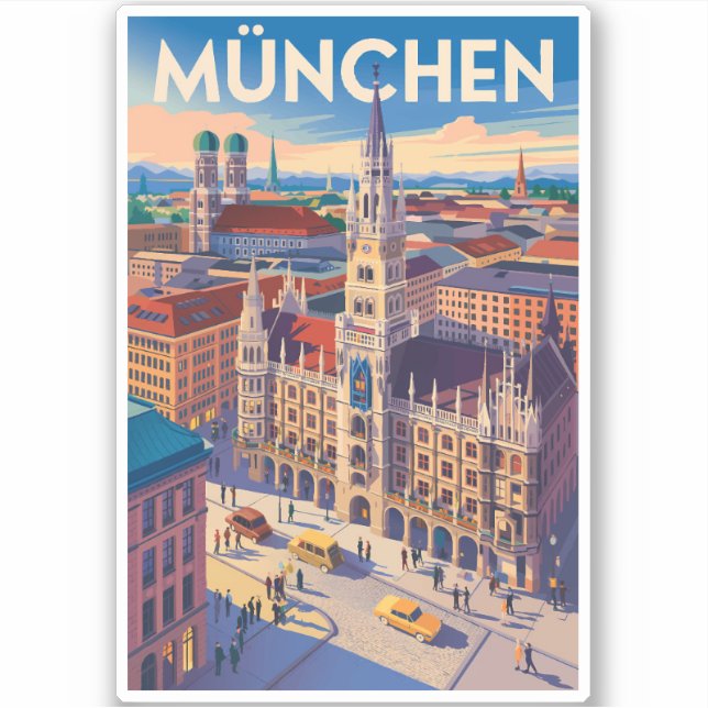 Munich Germany Illustration Travel Art Vintage Aufkleber (Vorderseite)