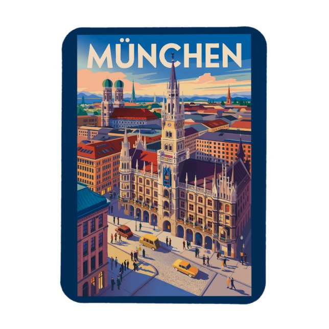 Munich Germany Illustration Travel Art Vintage Magnet (Vertikal)