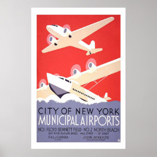 Municipal Airports New York USA Vintage Travel Poster