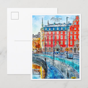 Munkbron Schweden Jahrgang Reise Aquarell Postkarte
