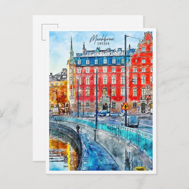 Munkbron Schweden Jahrgang Reise Aquarell Postkarte (Vorne/Hinten)