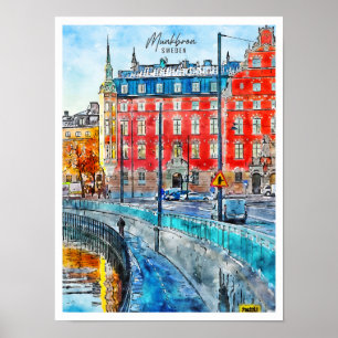 Munkbron Schweden Vintage-Reise-Aquarell Poster