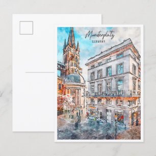 Münsterplatz Deutschland Vintage Reise Aquarell Postkarte