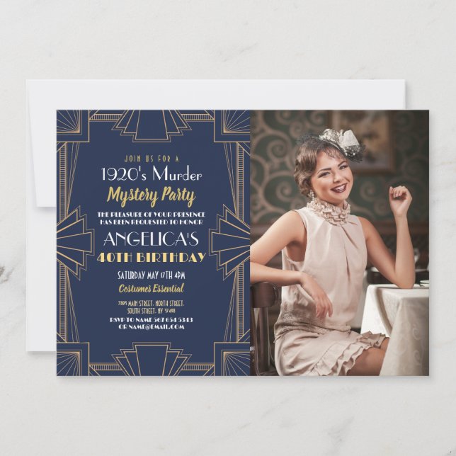 Murder Mystery Birthday Dinner Party Foto der 20er Einladung (Vorderseite)