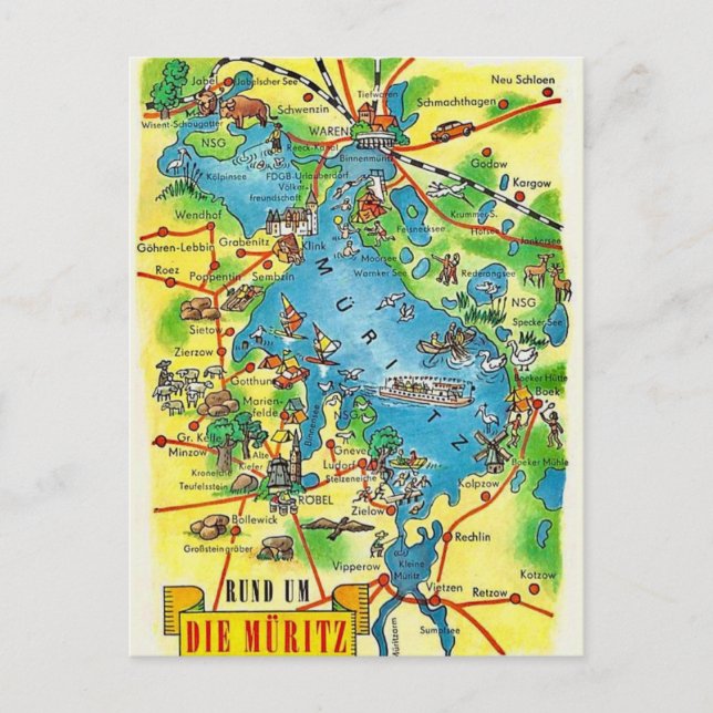 Müritz Deutschland Farbige Karte Postkarte (Vorderseite)