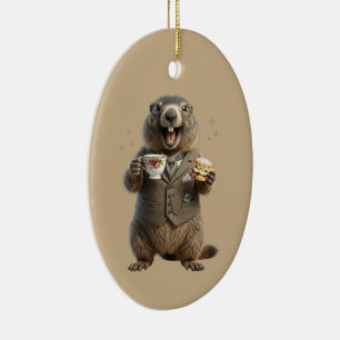 Murmeltier beim Teetrinken Keramik Ornament