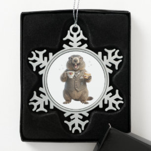 Murmeltier beim Teetrinken Schneeflocken Zinn-Ornament