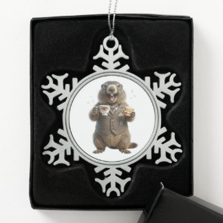 Murmeltier beim Teetrinken Schneeflocken Zinn-Ornament