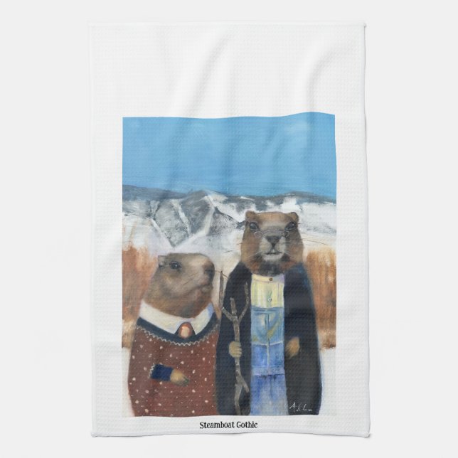 Murmeltier-Handtuch (American Gothic) Geschirrtuch (Vertikal)