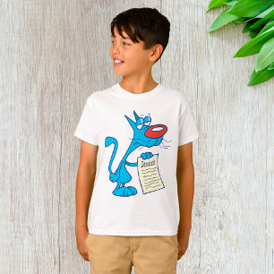 Mürrische blaue Cartoon-Katze mit Forderungsliste T-Shirt