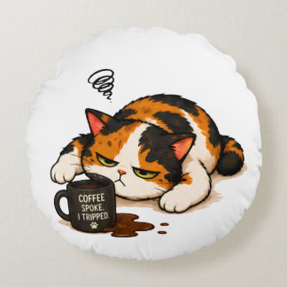 Mürrische Calico-Katze - Kaffee sprach Rundes Kissen
